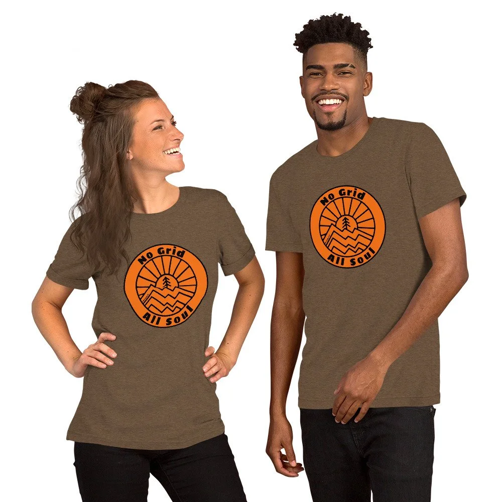 No Grid All Soul #WeCampFolk Unisex Mountain Sunset T-shirt unisex-staple-t-shirt-heather-brown-front-68d6c0ed8e72e.jpg