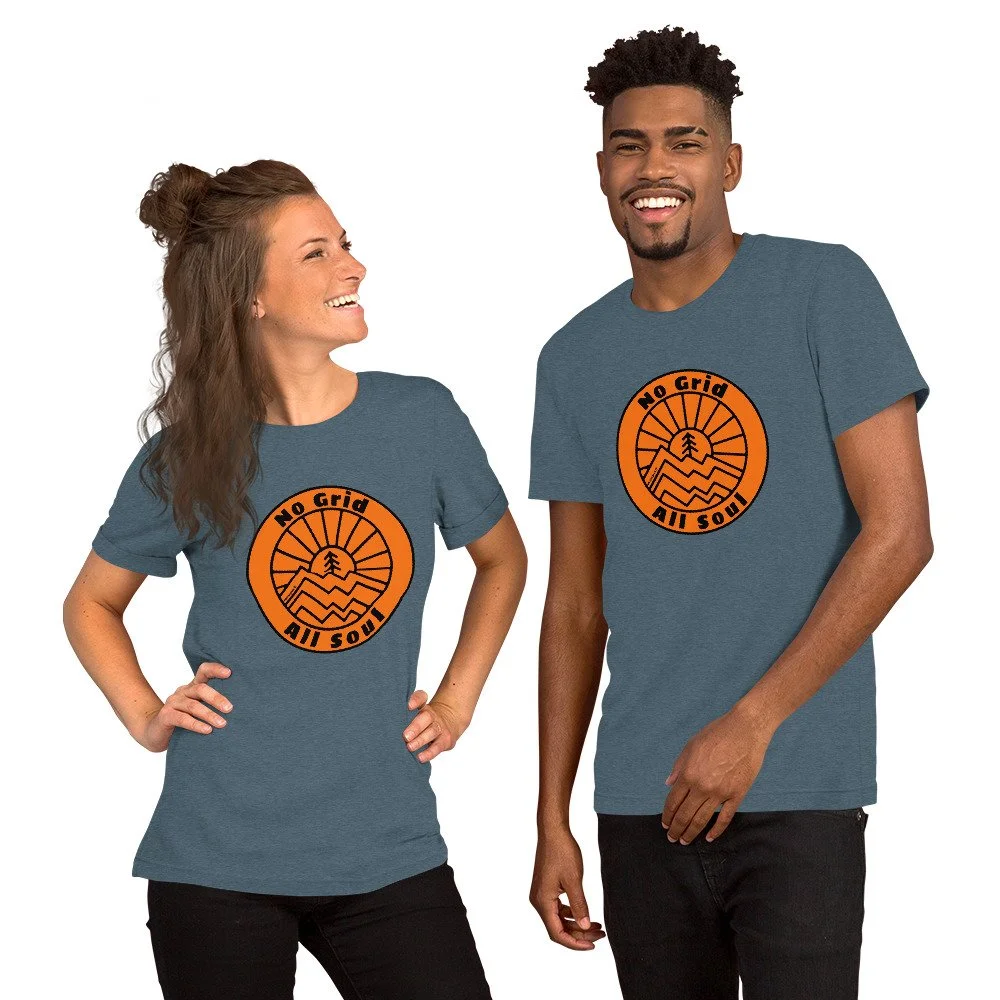 No Grid All Soul #WeCampFolk Unisex Mountain Sunset T-shirt unisex-staple-t-shirt-heather-slate-front-68d6c0eda4119.jpg