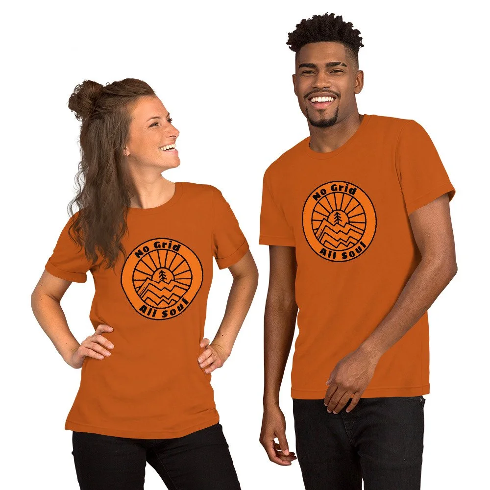 No Grid All Soul #WeCampFolk Unisex Mountain Sunset T-shirt unisex-staple-t-shirt-autumn-front-68d6c0edae462.jpg