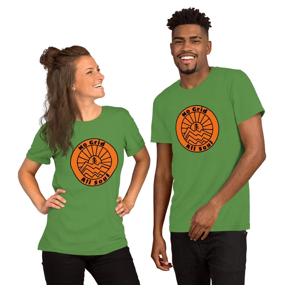 No Grid All Soul #WeCampFolk Unisex Mountain Sunset T-shirt unisex-staple-t-shirt-leaf-front-68d6c0edbbba1.jpg