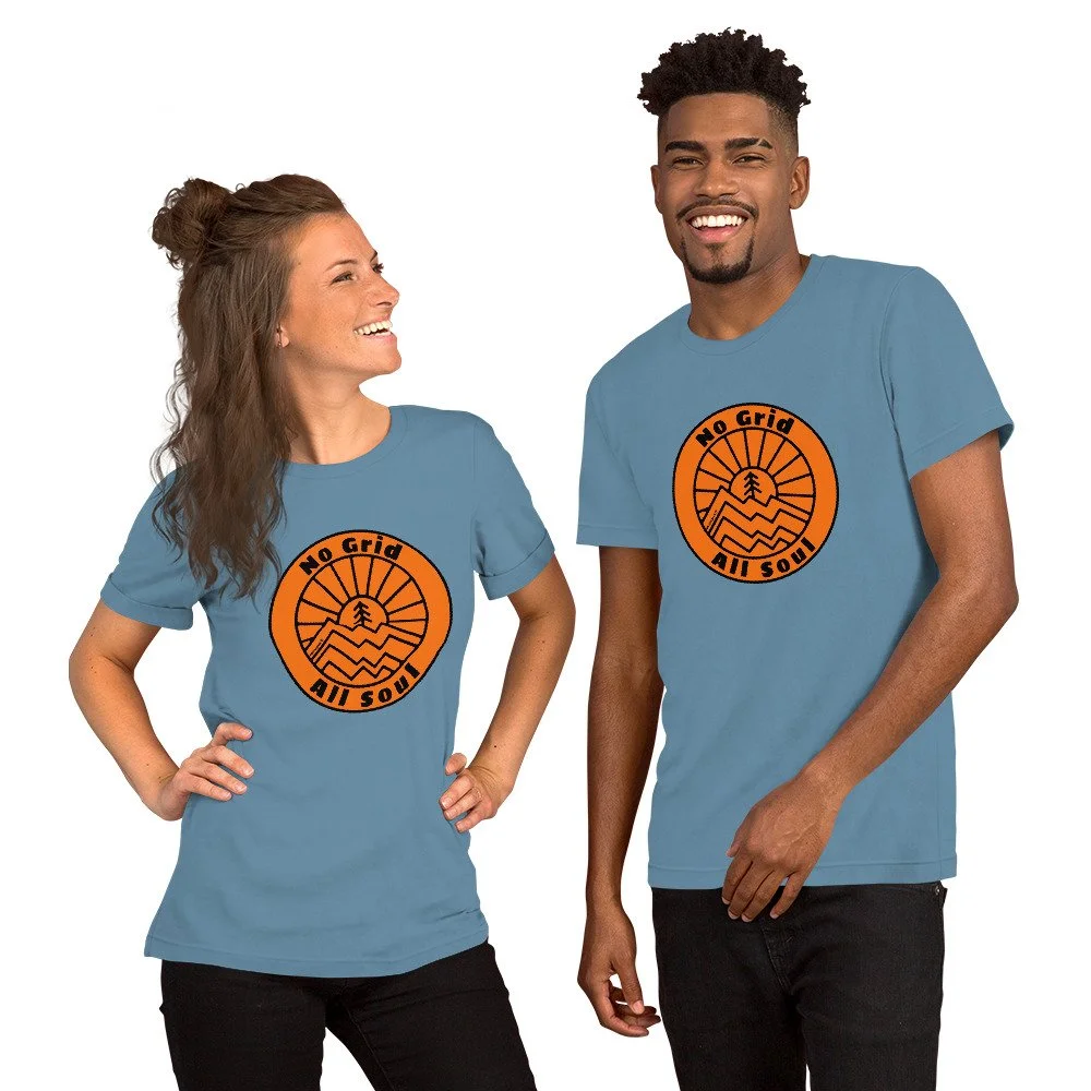 No Grid All Soul #WeCampFolk Unisex Mountain Sunset T-shirt unisex-staple-t-shirt-steel-blue-front-68d6c0edc9f6e.jpg