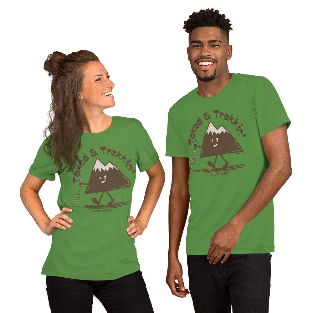 Toked & Trekkin' #WeCampFolk Unisex Hiking Mountain T-shirt unisex-staple-t-shirt-leaf-front-68d6c323a1c4e.jpg
