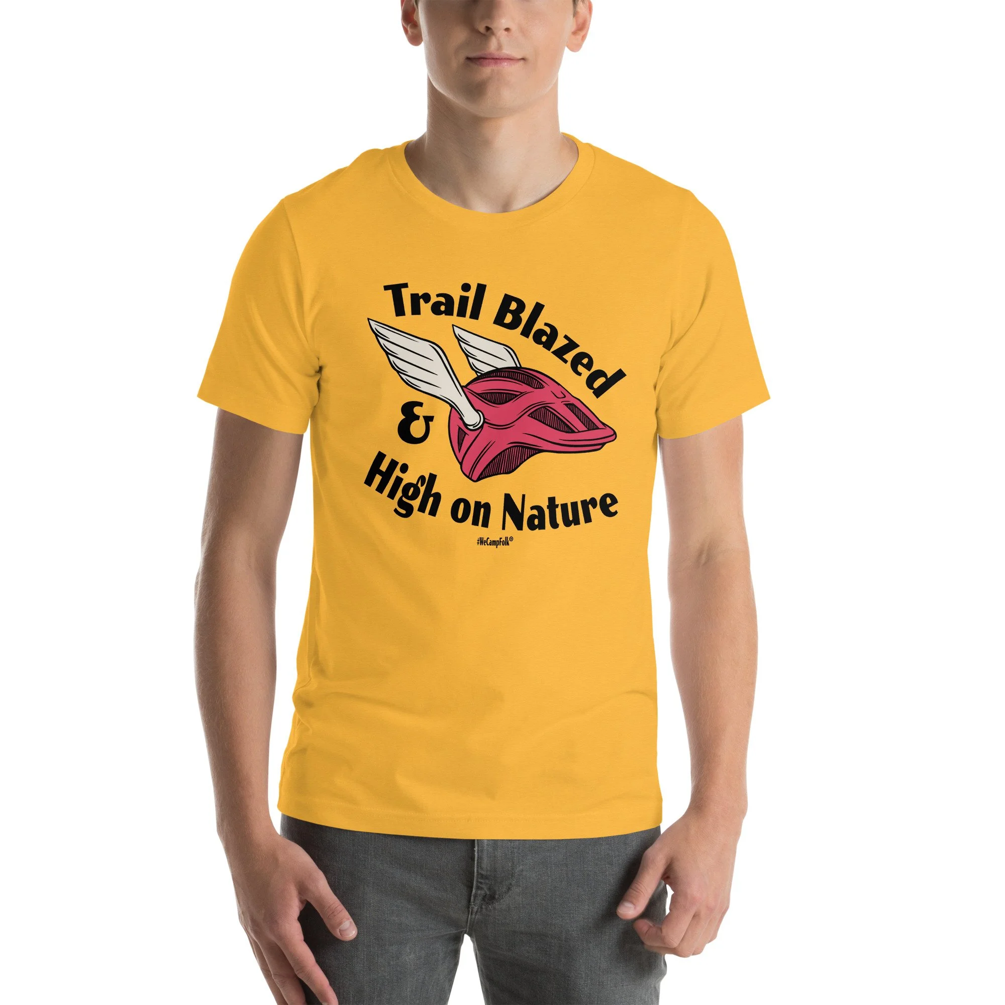 Trail Blazed & High on Nature Unisex Mountain Bike Helmet with Wings T-shirt unisex-staple-t-shirt-heather-yellow-gold-front-68d6c9e92c861.jpg