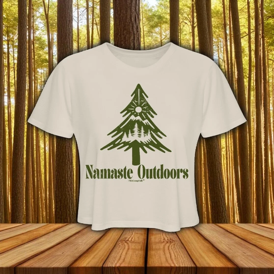 Namaste Outdoors ladies yoga crop top pine tree with sunrise nature loving cute yoga top