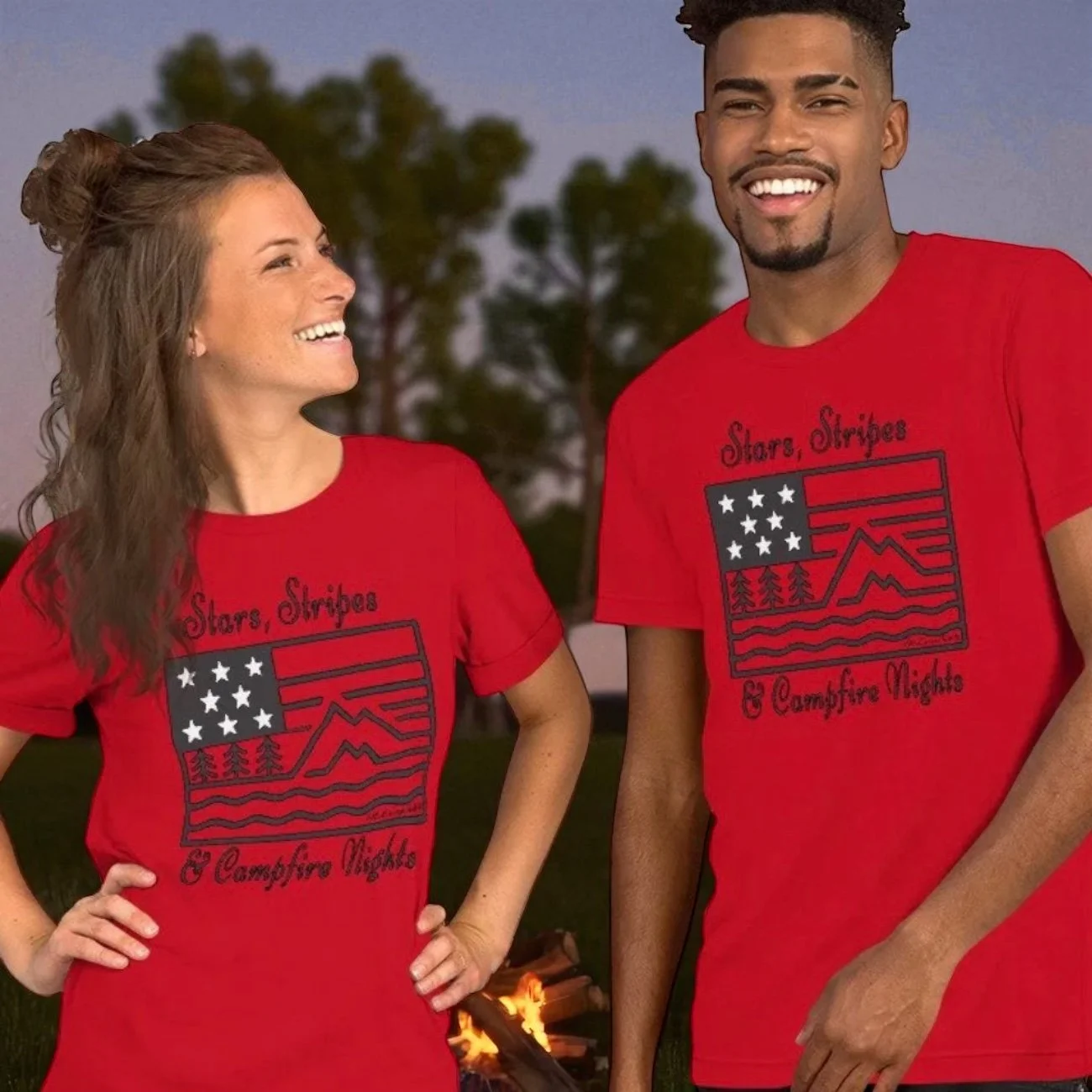 Stars, Stripes & Campfire Nights Unisex American Flag Camping USA Flag Patriotic camping T-shirt