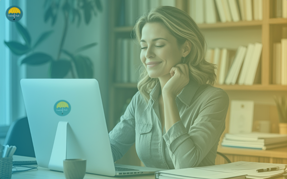 A woman sitting at a desk, smiling while looking at a computer monitor in a home office or library setting.