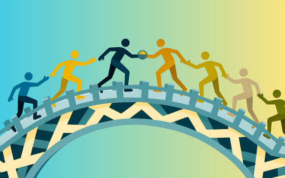 Illustration of diverse people supporting each other on a roller coaster track, symbolizing teamwork and cooperation.