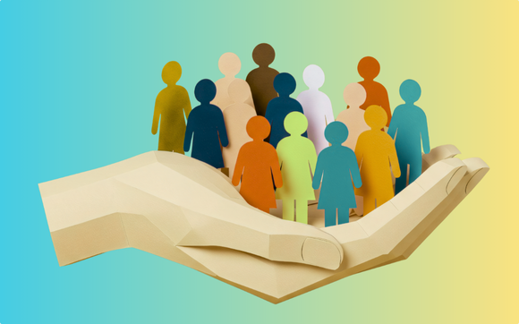 Illustration of a large, open hand holding a diverse group of colorful, simplified human figures against a gradient background.