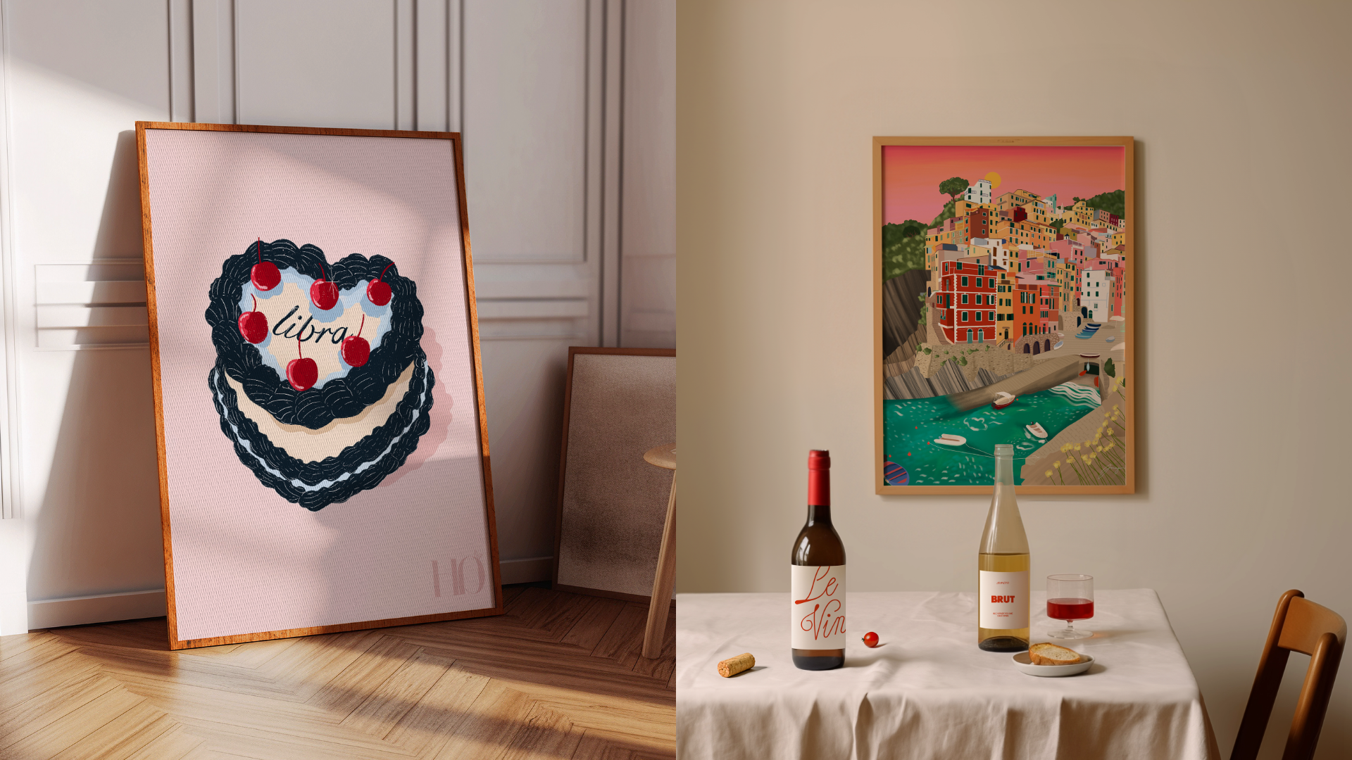 Interior of an art gallery with two framed artworks: one is a stylized illustration of a dessert with cherries and the word 'libra' and the other is a colorful painting of a coastal village with boats and buildings on a hillside. A table with wine bottles, a glass, a plate of snacks, and a corkscrew is also visible.