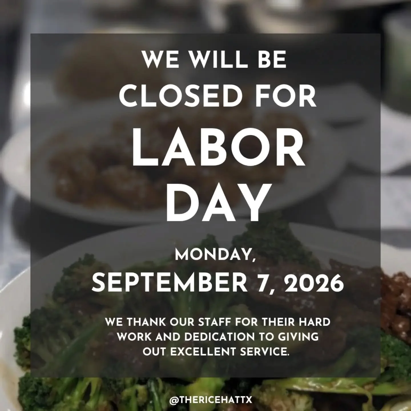 We will be closed Monday, September 7, 2026 for Labor Day! 

- The Rice Hat Family 

📍The Rice Hat 
1702 US 181 A9 Portland, TX 78374 
Mon - Sat 11am to 8:30pm 
Sunday CLOSED
📞361-977-2075