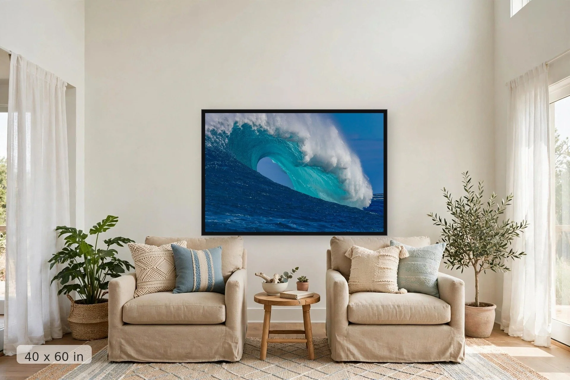 Hollow wave barrel at Peahi, Maui — Peahi Hollow print, 40x60 large mockup in a living room