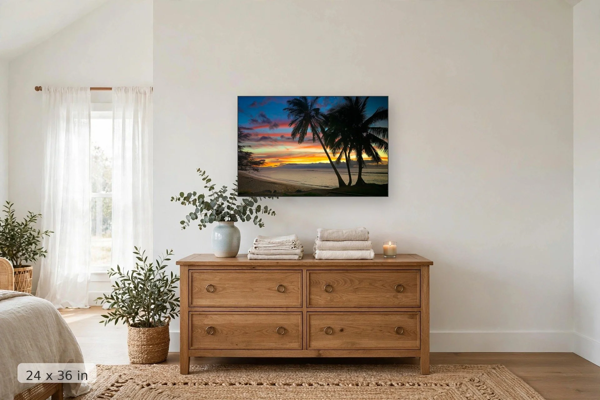vivid orange, pink and blue sunset over mala wharf with palm trees silhouetted in foreground — Mala Sunset print, 24x36 mockup above a dresser