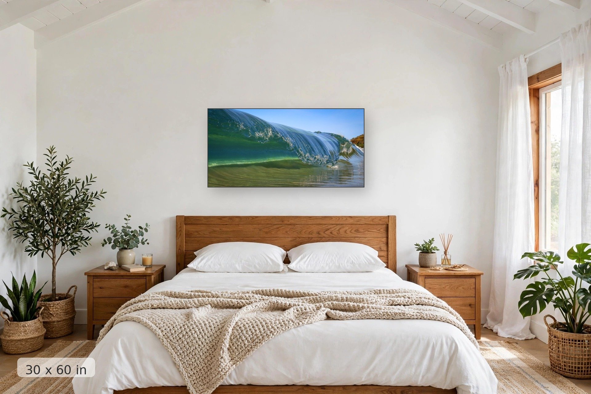 Frozen ocean wave barrel — Frozen Tube print, 40x60 mockup above a bedroom headboard