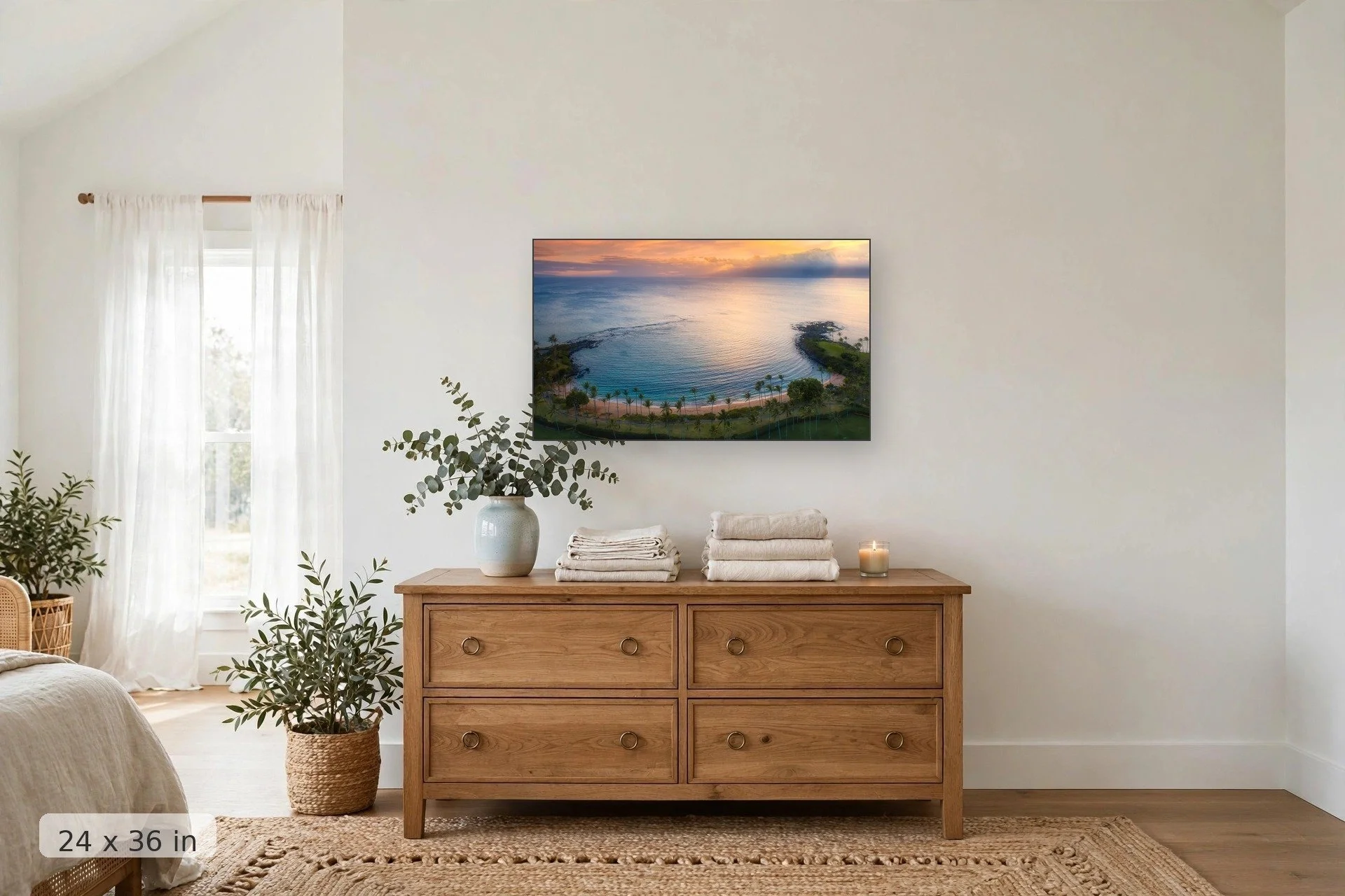 drone view of kapalua bay during sunset showing pastel colors — Kapalua Bay print, 24x36 mockup above a dresser