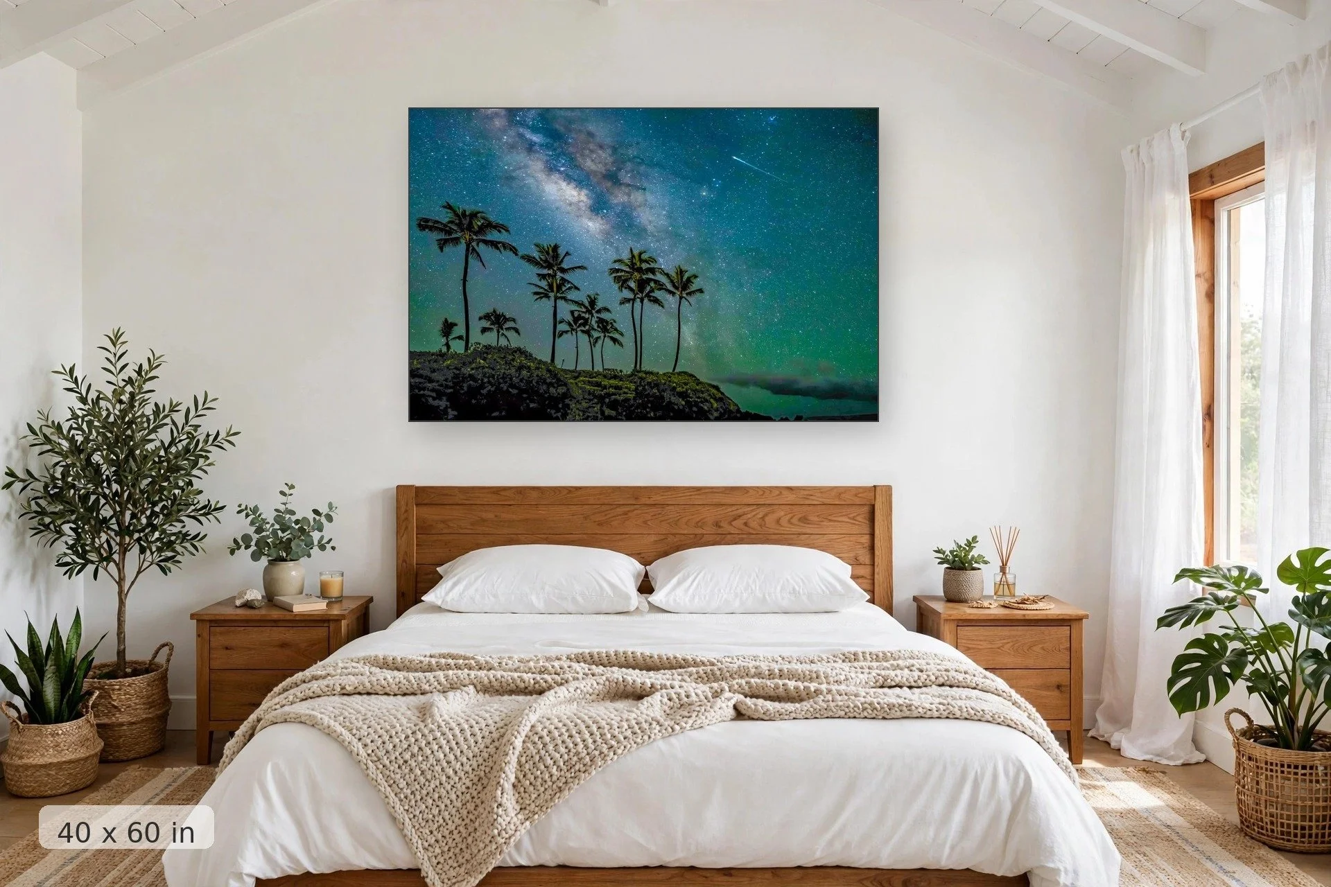 Shooting star over the Hawaiian night sky — Shooting Star print, 40x60 mockup above a bedroom headboard