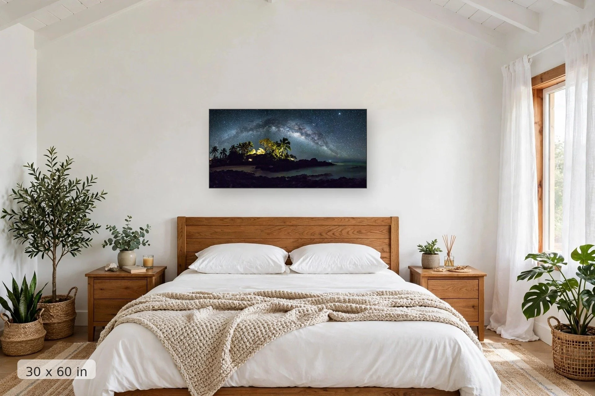 Milky Way over Maui — Secrets Milky Way print, 40x60 mockup above a bedroom headboard