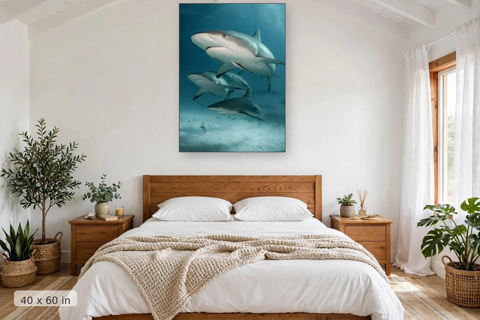 Reef sharks cruising the reef — Reef Sharks print, 40x60 mockup above a bedroom headboard