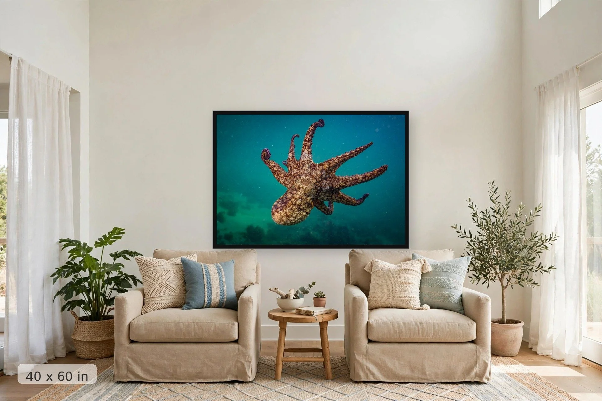 Green octopus swimming in Baja — El Pulpo print, 40x60 large mockup in a living room