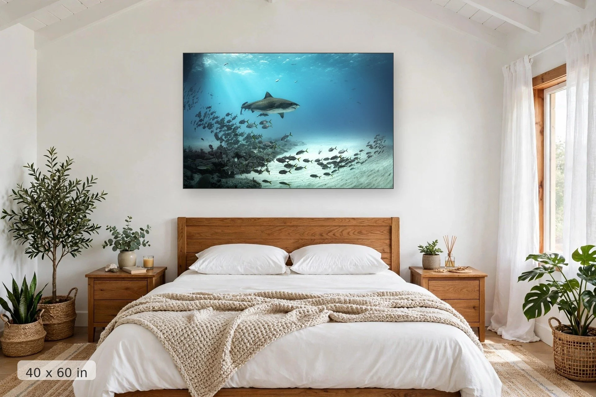 Tiger shark with schooling jack fish — Tiger and Jacks print, 40x60 mockup above a bedroom headboard