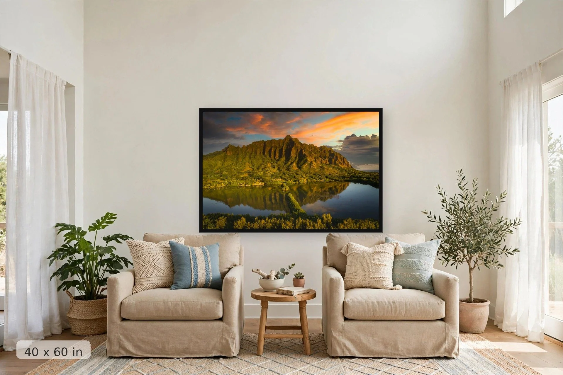sunrise over green mountains of kanaloa, hawaii — Kanaloa Sunrise print, 40x60 large mockup in a living room