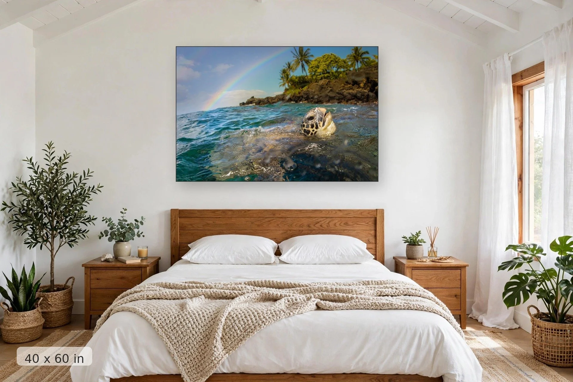 a honu comes up for air while a rainbow arcs over an island in the background — Honu Rainbow print, 40x60 mockup above a bedroom headboard