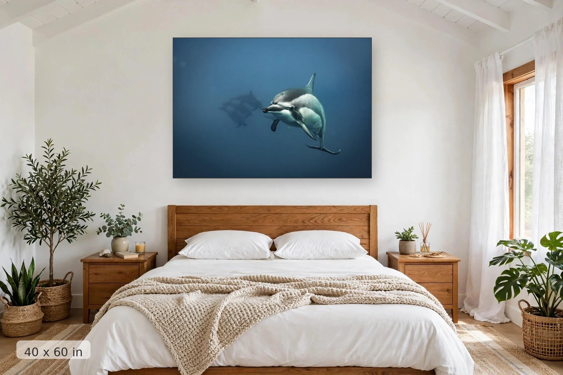 A curious spinner dolphin leaves its pod and swims toward the camera — Dolphin Peek print, 40x60 mockup above a bedroom headboard