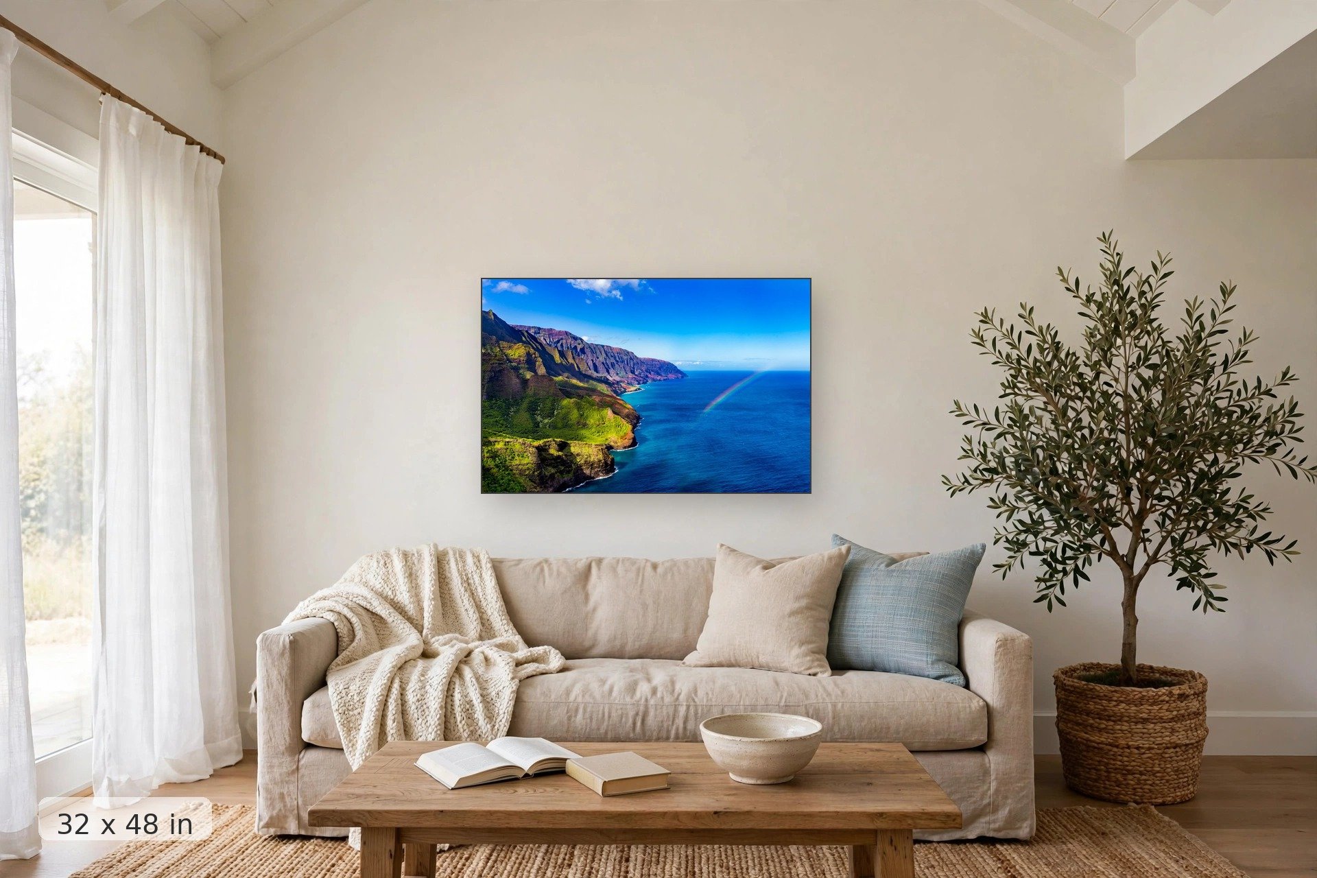 rainbow stretches over the na pali coast in kauai — Na Pali Rainbow print, 32x48 mockup above a living room sofa