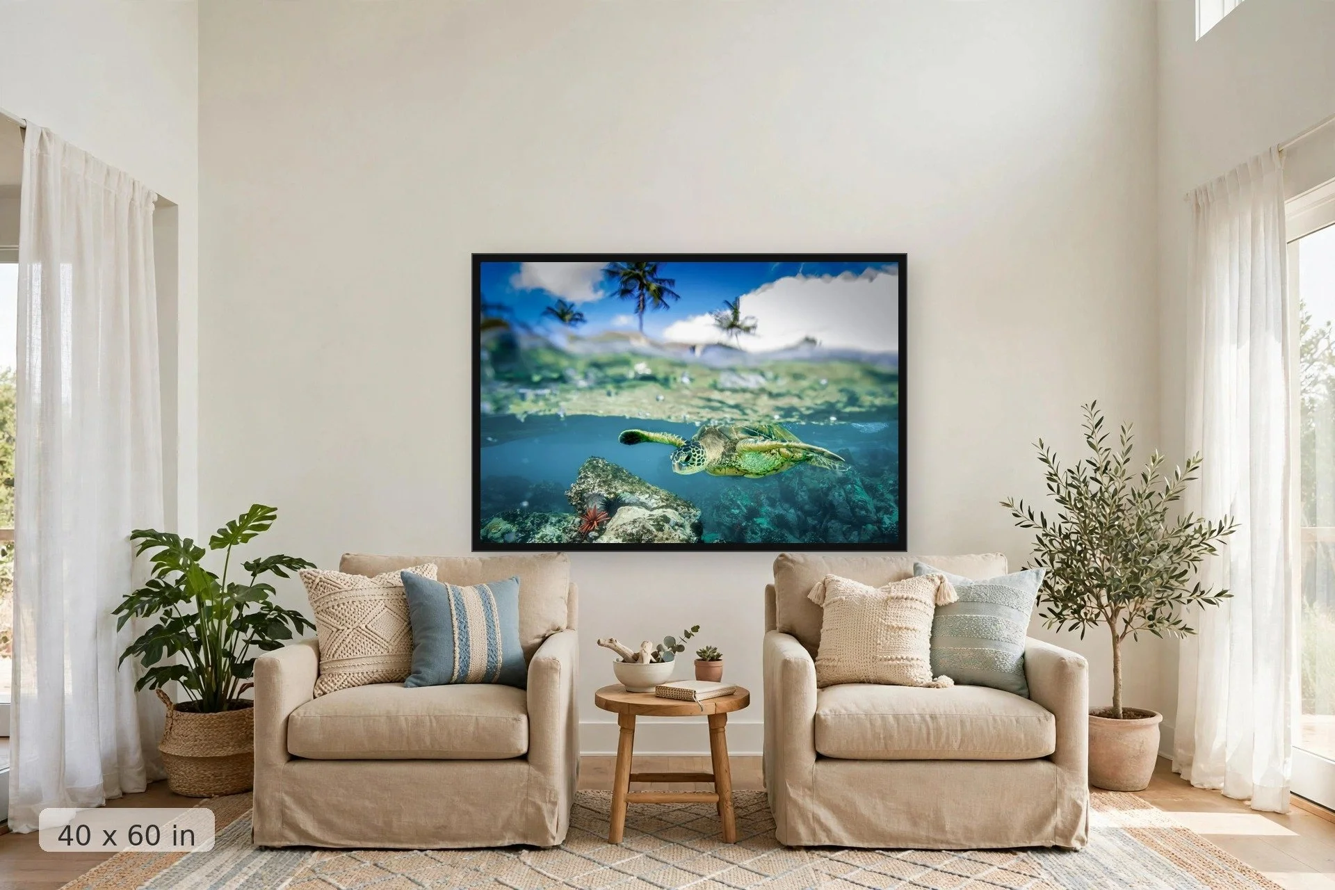 over under shot of turtle swimming over brightly colored coral — Honu Split print, 40x60 large mockup in a living room