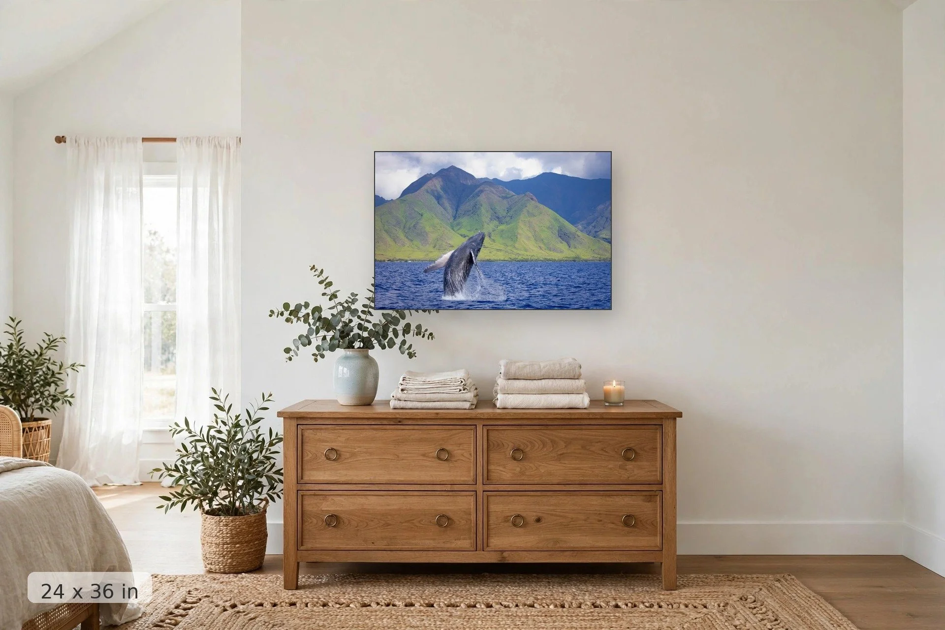 Baby humpback whale breaching with West Maui mountains background — Baby Breach Photo - Baby Humpback Whale in Maui print, 24x36 mockup above a dresser
