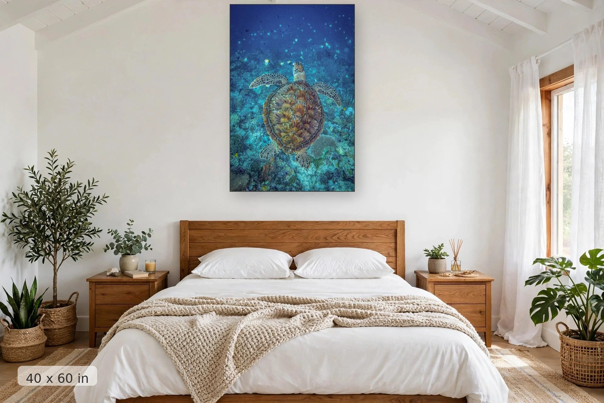 Green sea turtle portrait — Shelly print, 40x60 mockup above a bedroom headboard