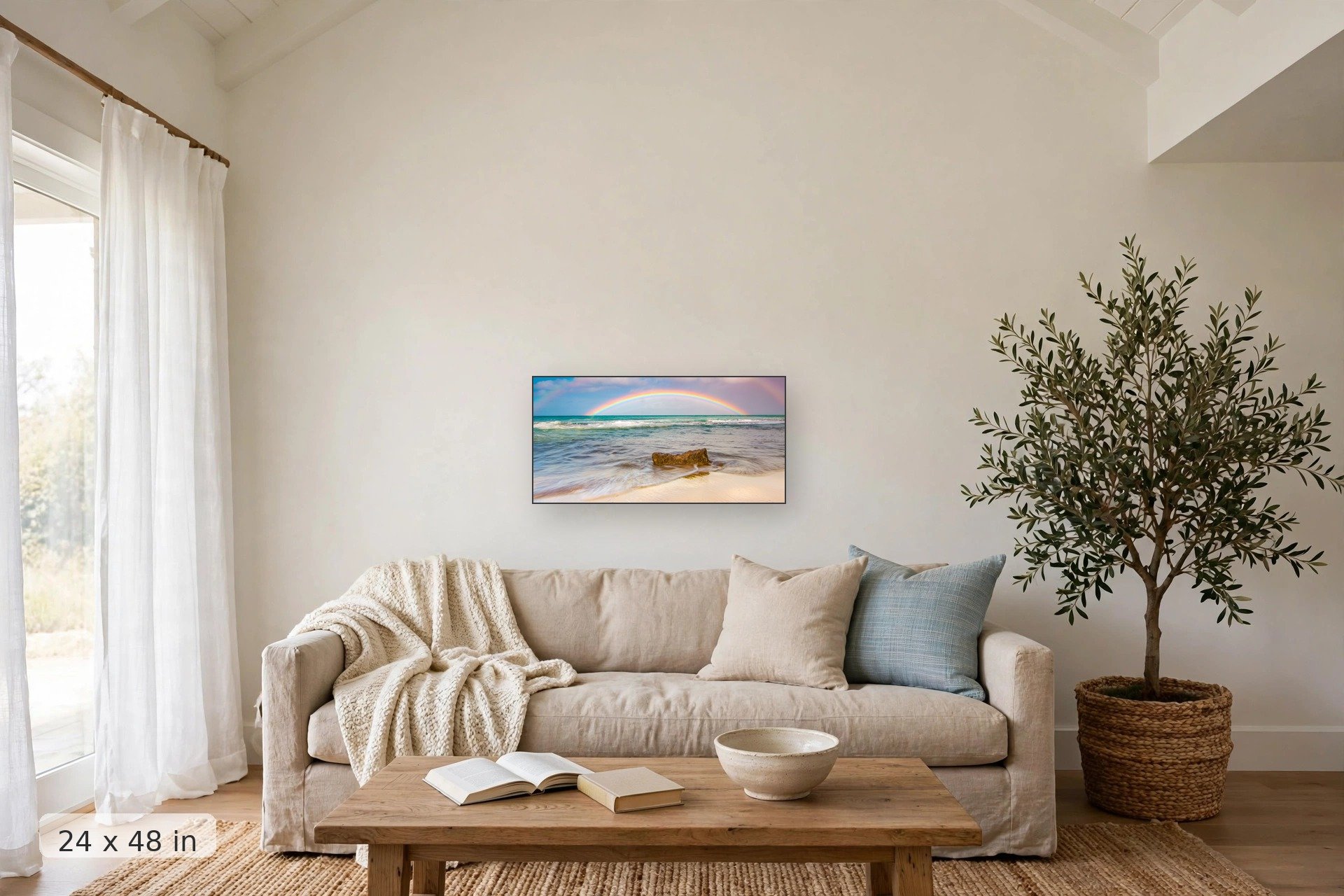 Morning rainbow over Maui — Morning Rainbow print, 32x48 mockup above a living room sofa