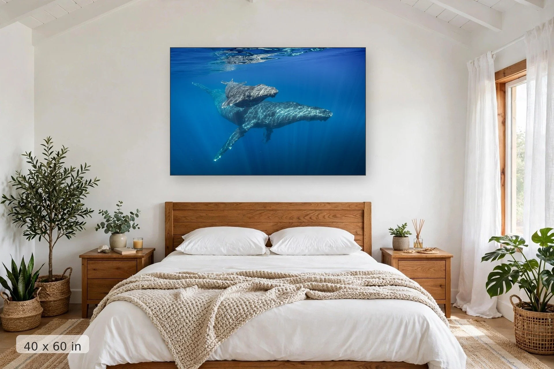 Close encounter with humpback whales — Close Encounters print, 40x60 mockup above a bedroom headboard