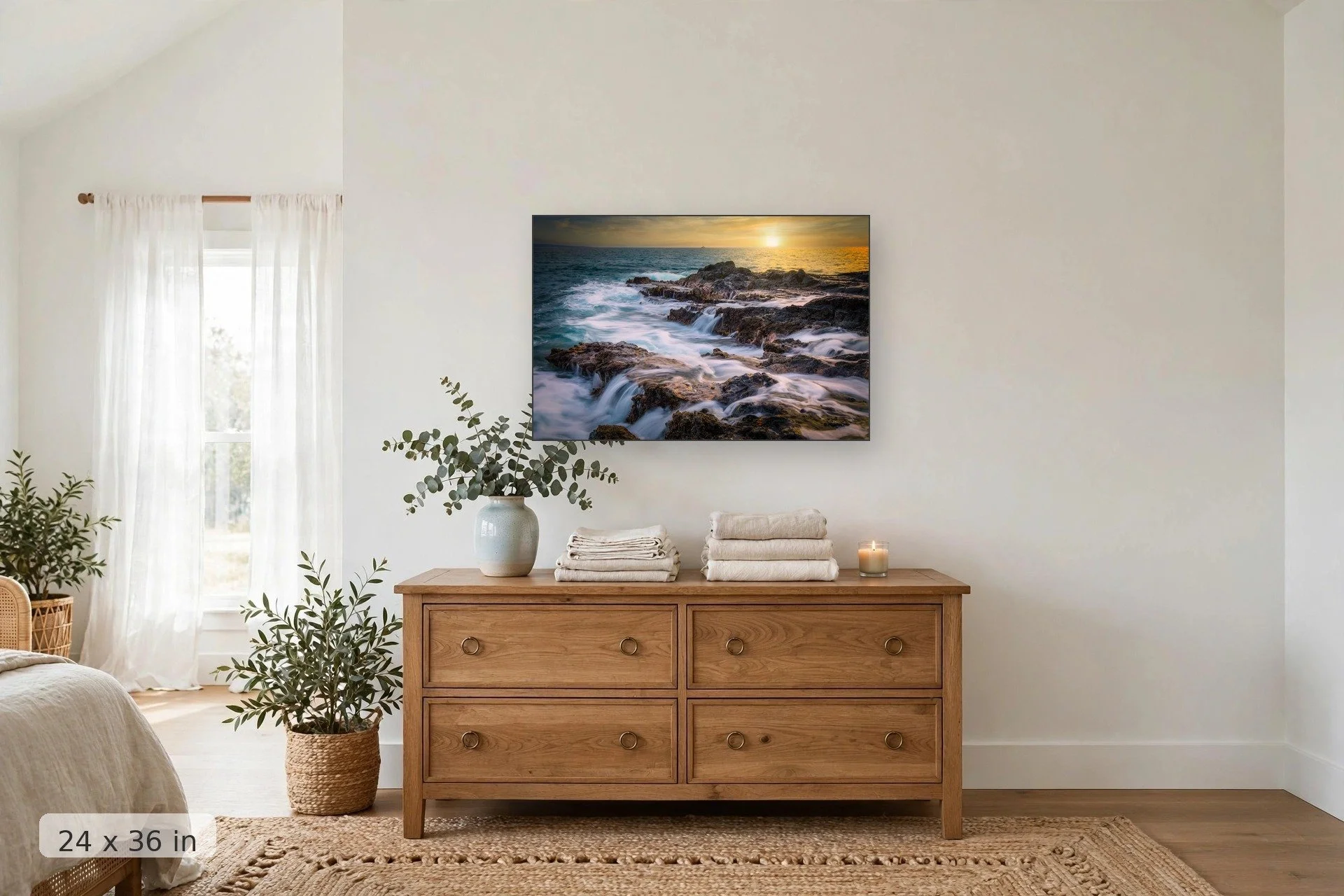sunset along the west coast of maui with active tide pools in foreground — Tidal Twin Falls print, 24x36 mockup above a dresser