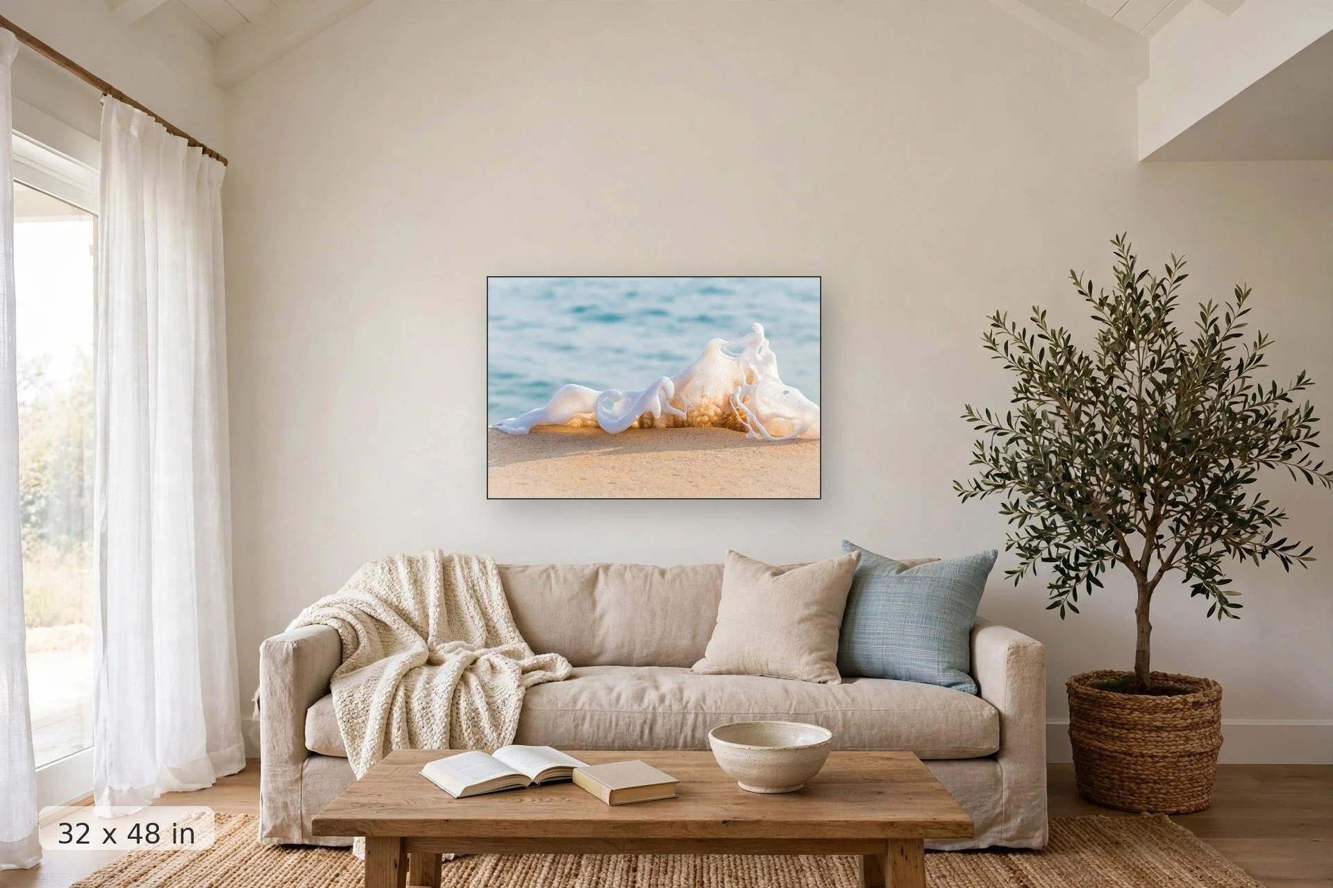 Sea foam wave washing the beach — Musical Wave print, 32x48 mockup above a living room sofa