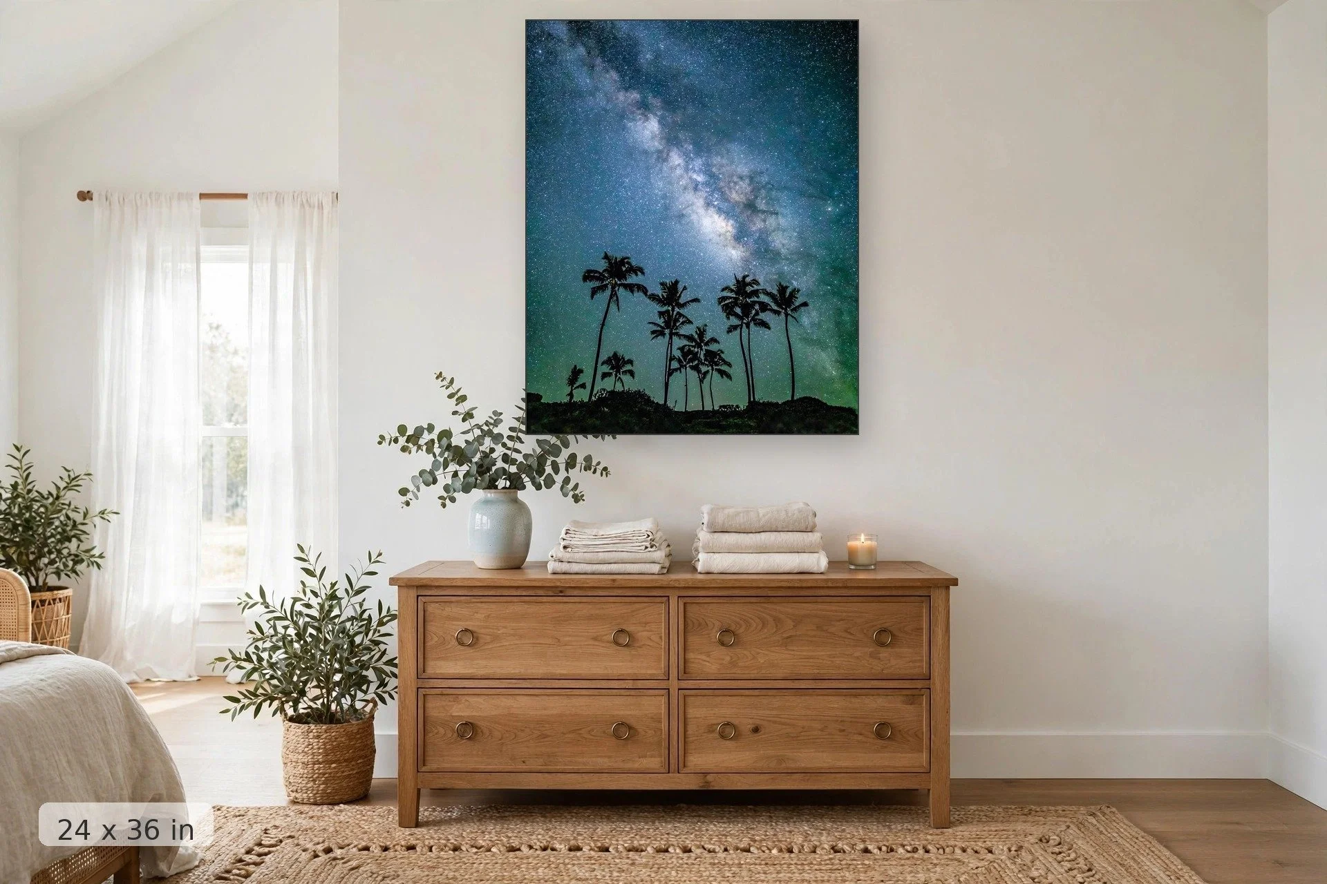 Milky Way over a palm grove — Palm Grove Milky Way print, 24x36 mockup above a dresser