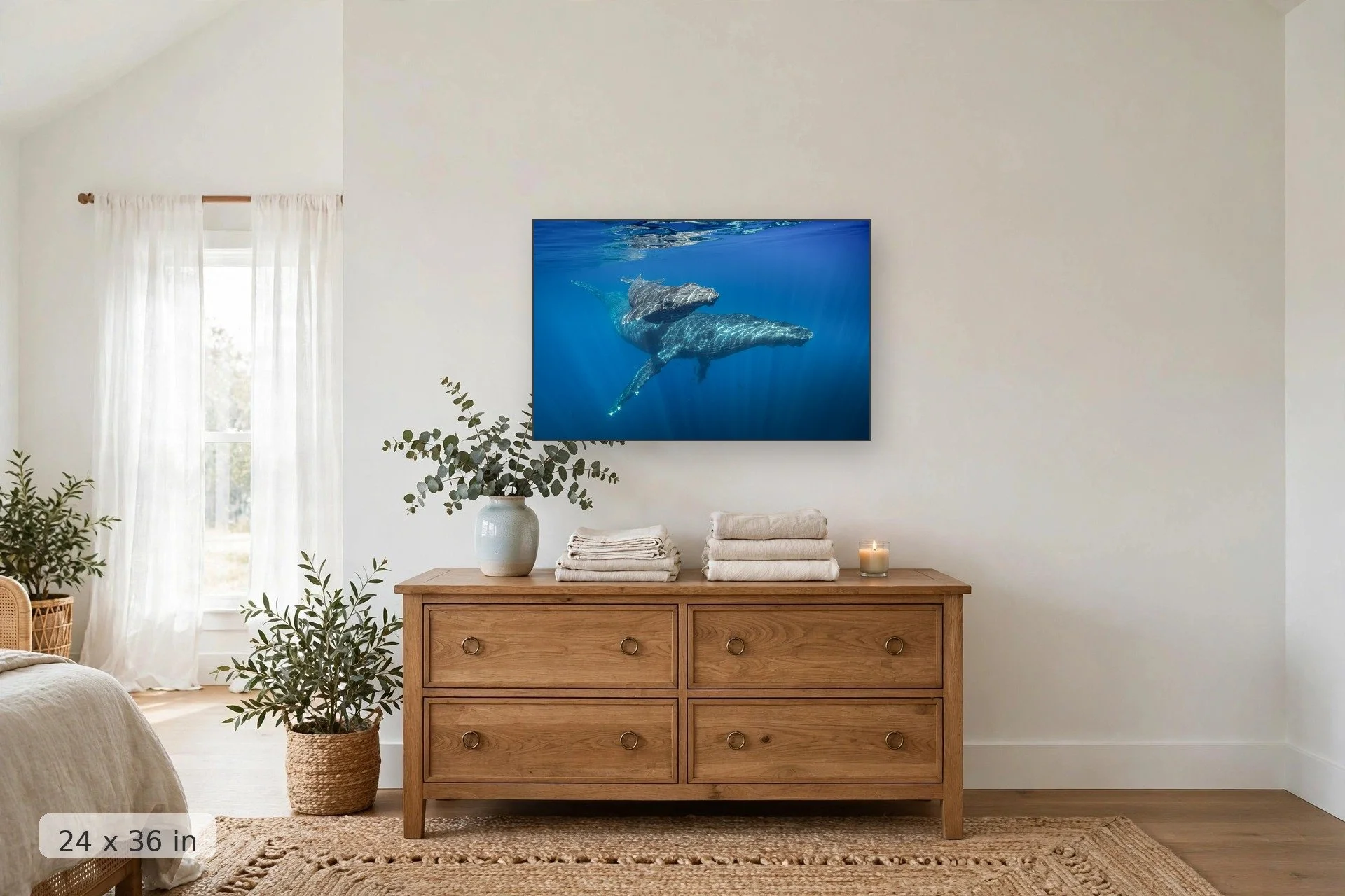 Close encounter with humpback whales — Close Encounters print, 24x36 mockup above a dresser