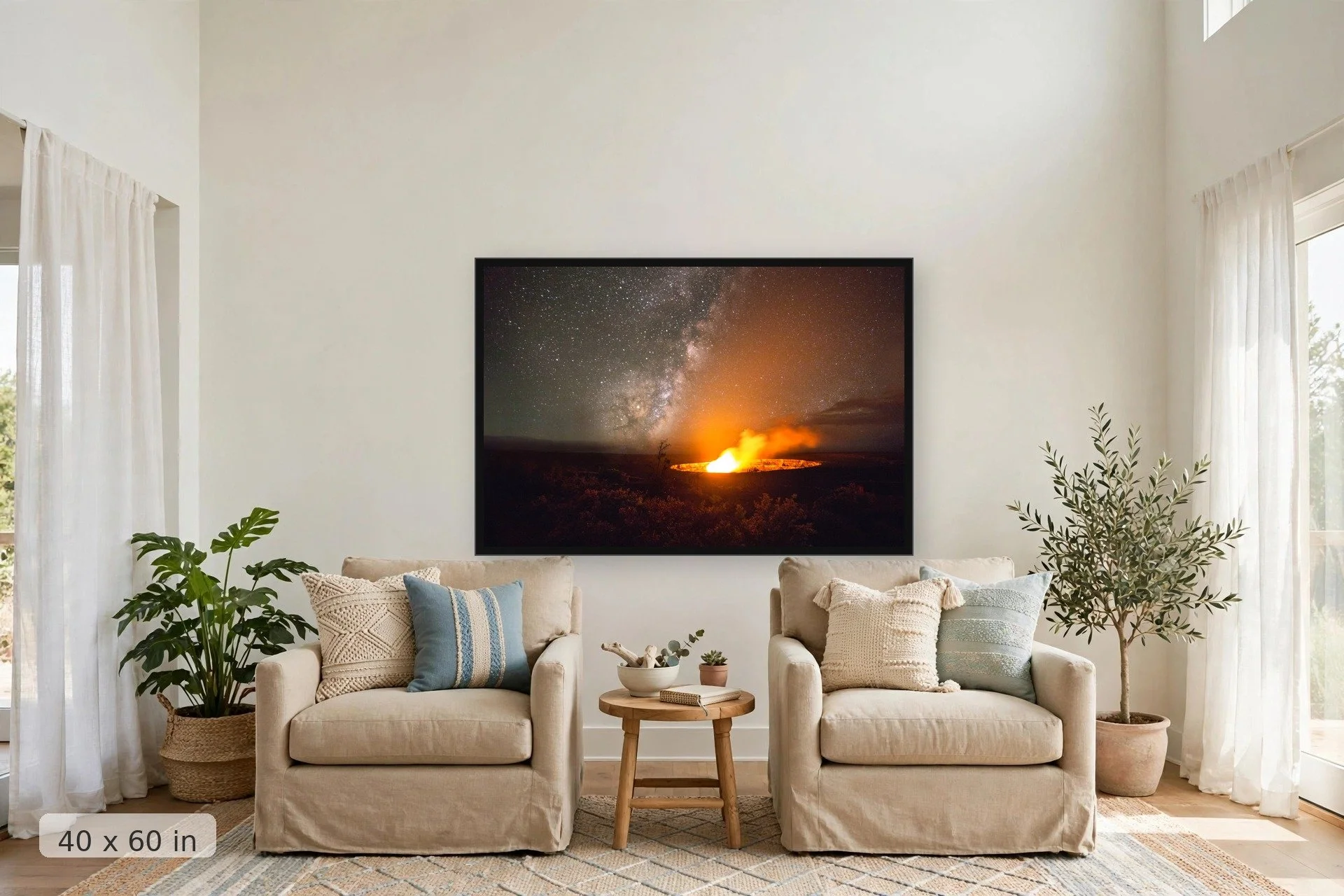 glowing volcanic caldera with milky way — Caldera and Milky Way print, 40x60 large mockup in a living room
