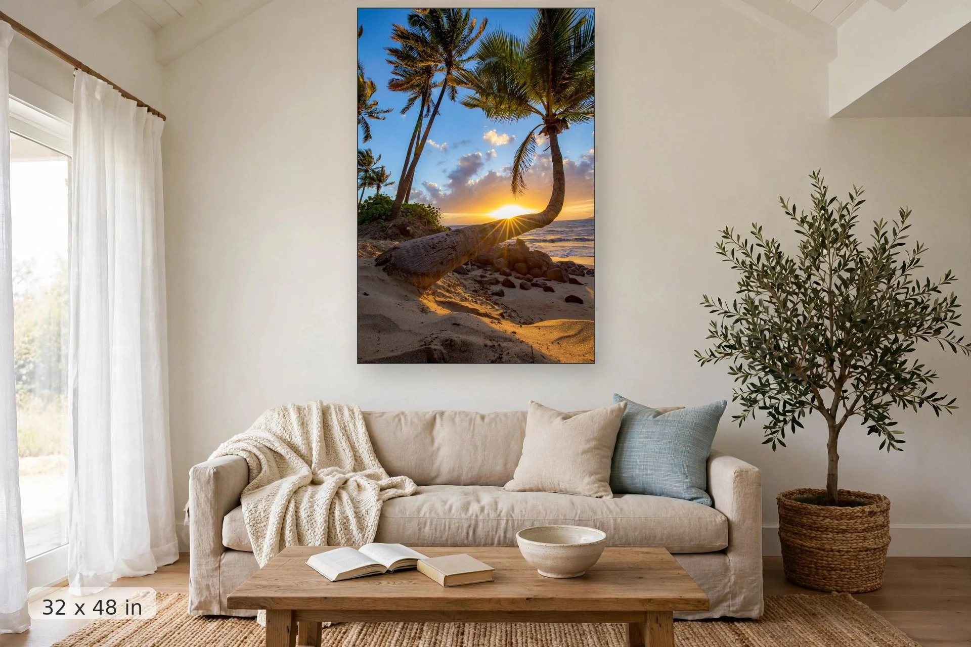 palm bends towards ocean on scenic hawaiian beach in maui — Rays of Paradise print, 32x48 mockup above a living room sofa