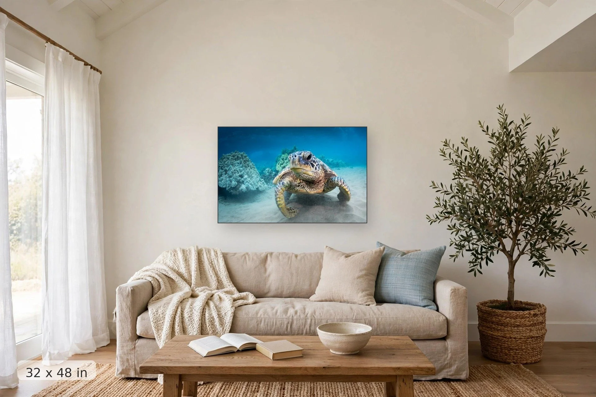 close-up of turtle face — Resting Turtle Face print, 32x48 mockup above a living room sofa