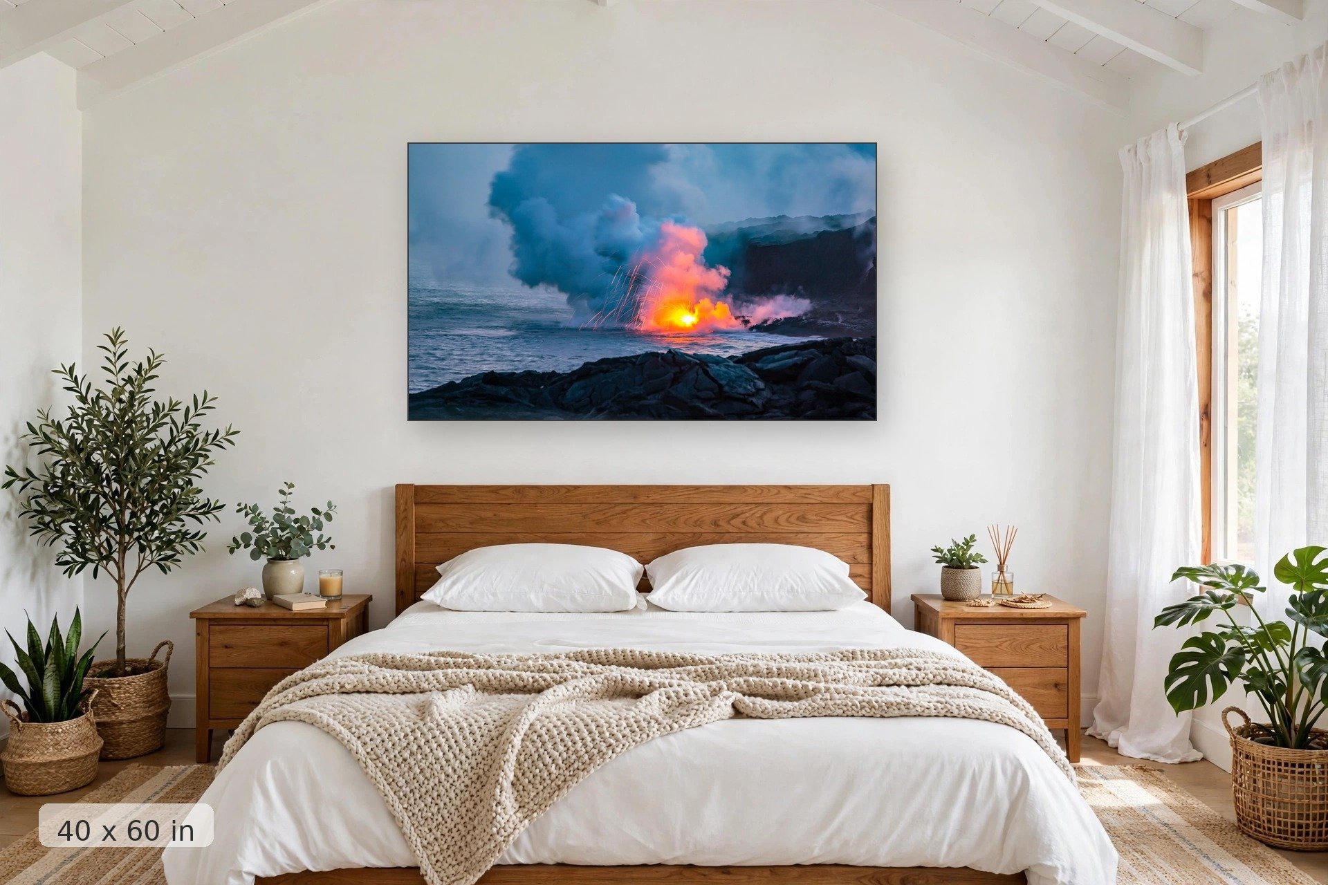 lava pours into the ocean creating an explosion of light when touching the water — Lava Explosion print, 40x60 mockup above a bedroom headboard
