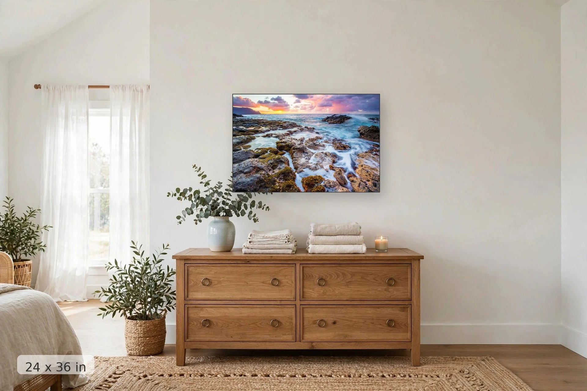 sunset along the south shore of maui with textural and colorful tide pools in the foreground — Tidal Sunset print, 24x36 mockup above a dresser