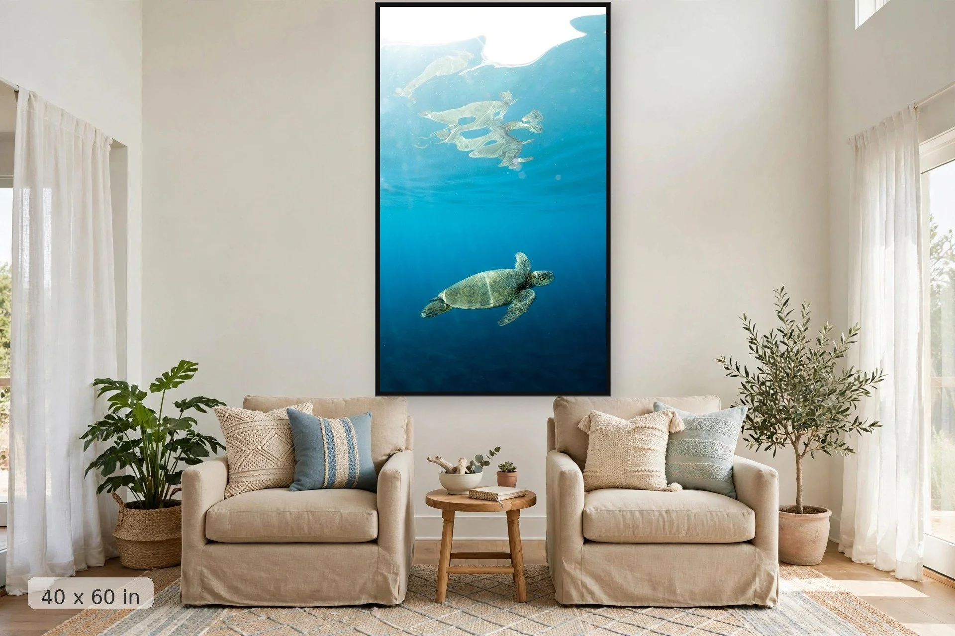 The reflection of a Green Hawaiian Sea Turtle grows larger at it swims closer to the surface — Blue Honu Reflection print, 40x60 large mockup in a living room