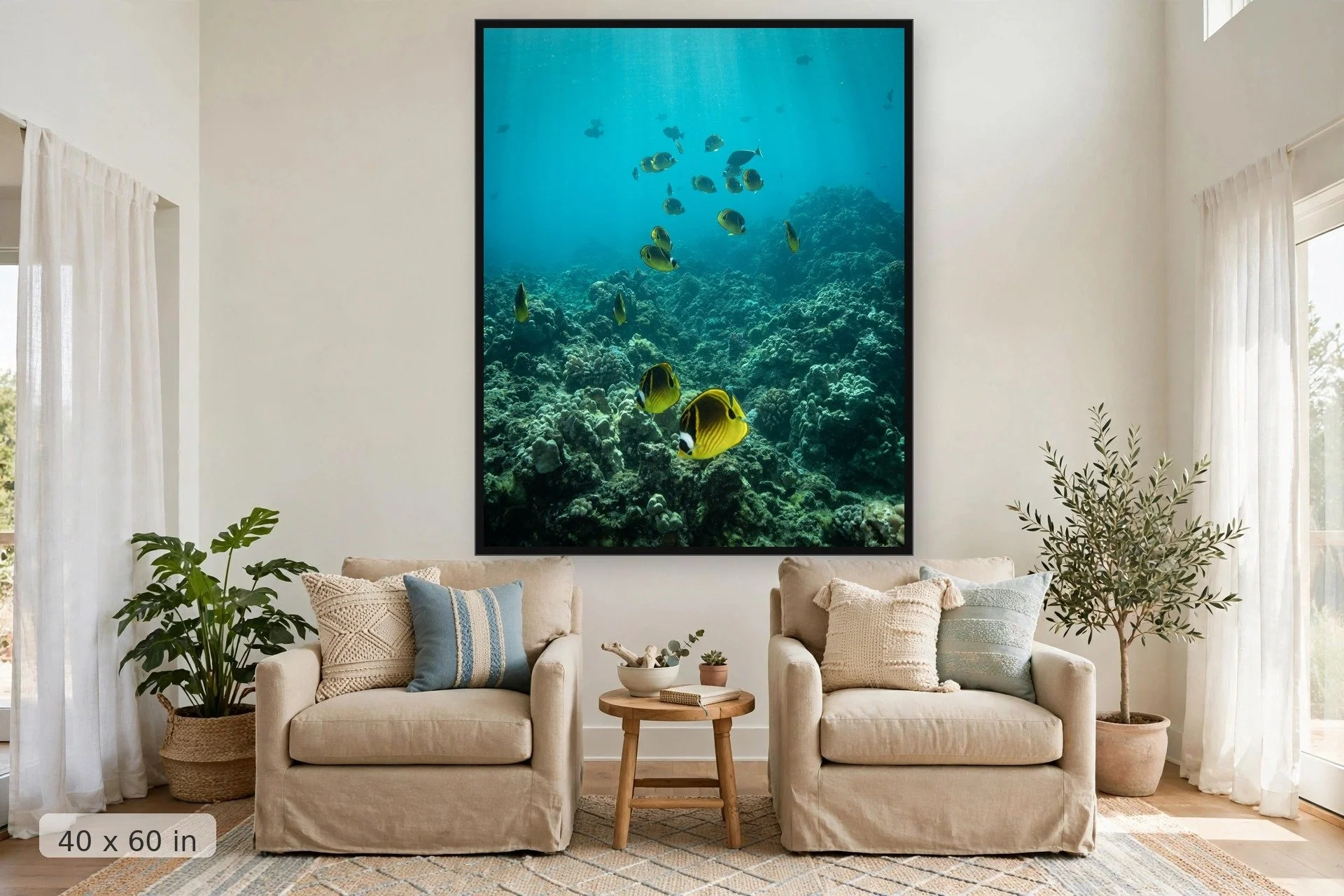 Raccoon butterflyfish feeding on coral — Raccoon Butterflyfish print, 40x60 large mockup in a living room