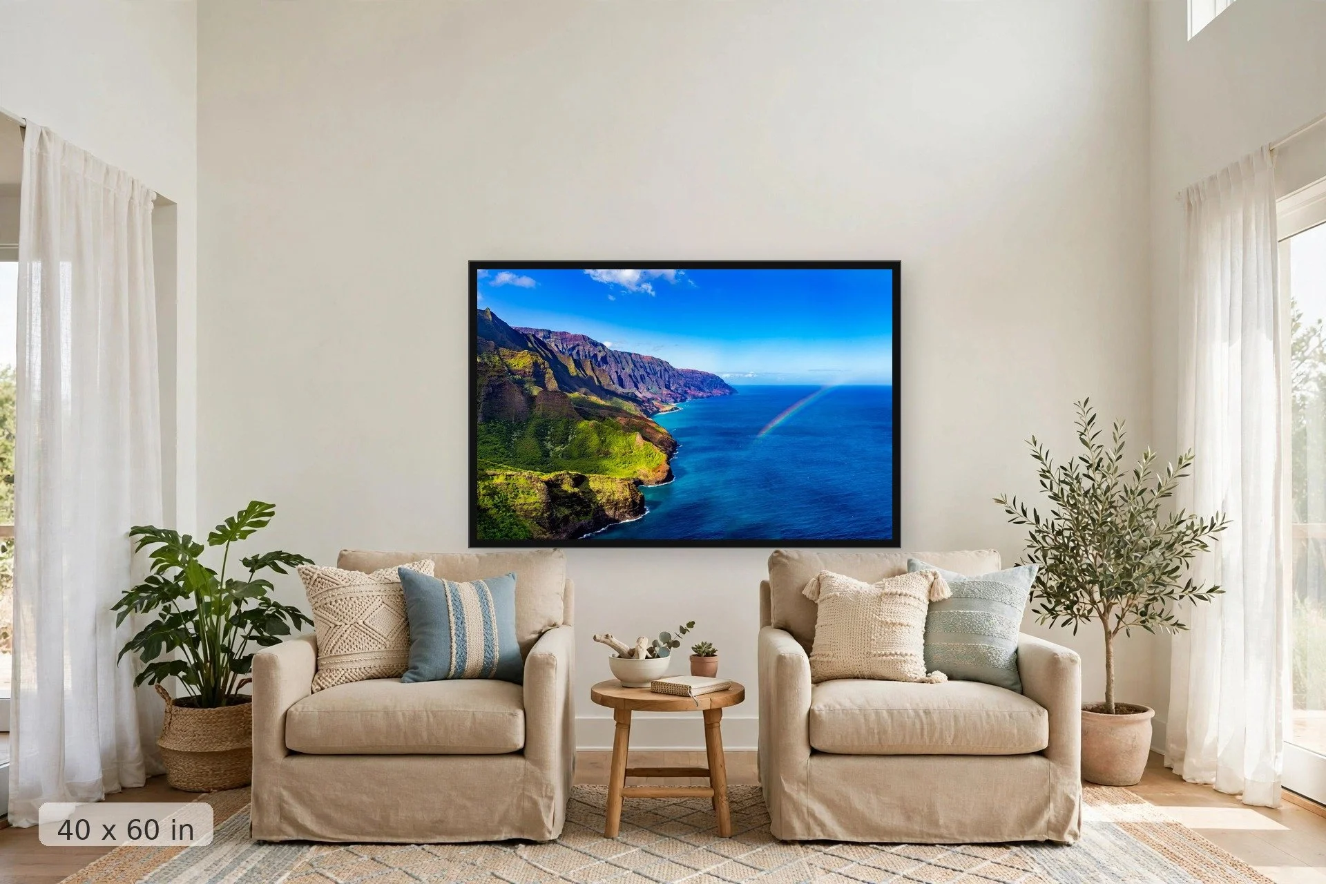 rainbow stretches over the na pali coast in kauai — Na Pali Rainbow print, 40x60 large mockup in a living room