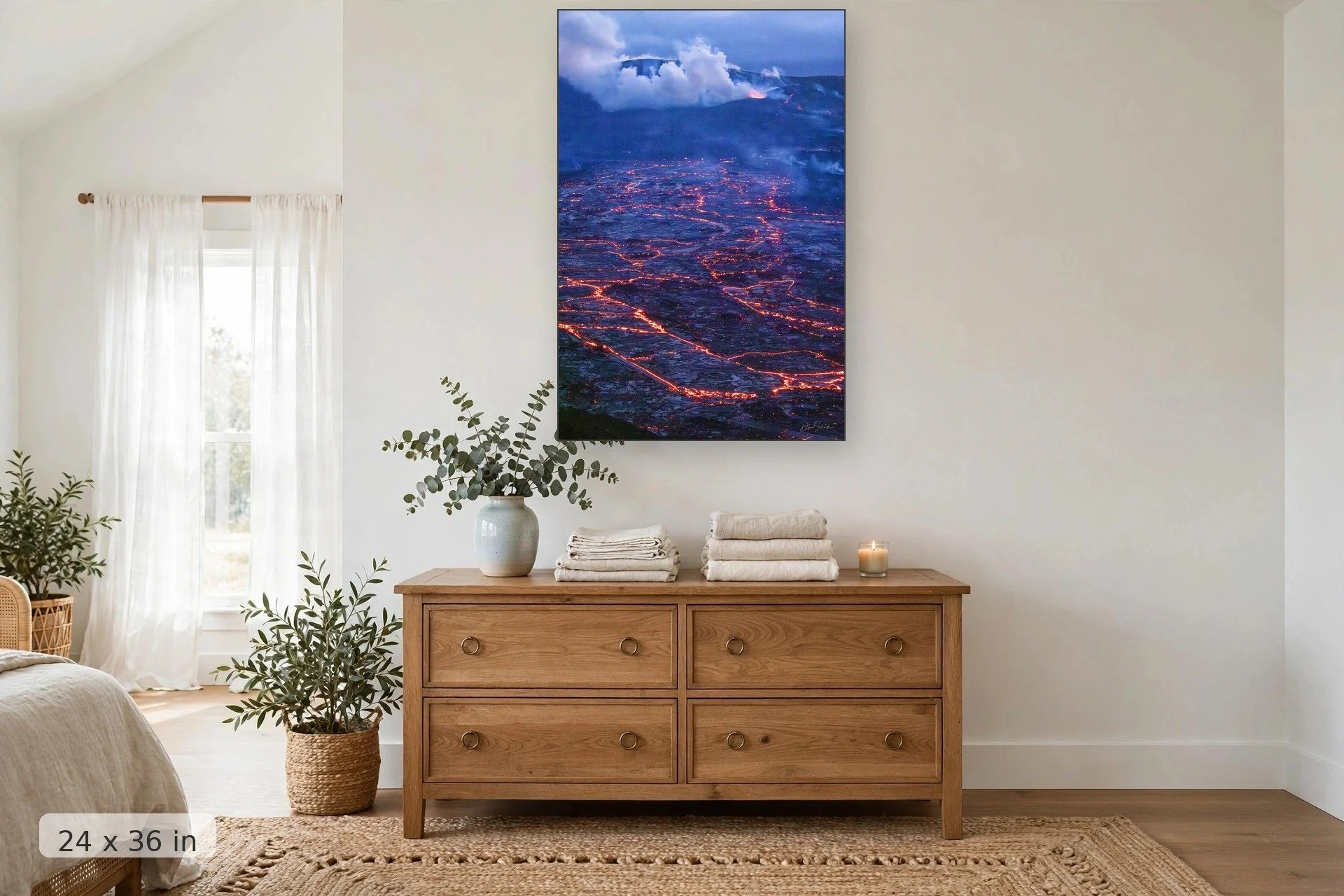 Sunset afterglow over the ocean — After Glow print, 24x36 mockup above a dresser