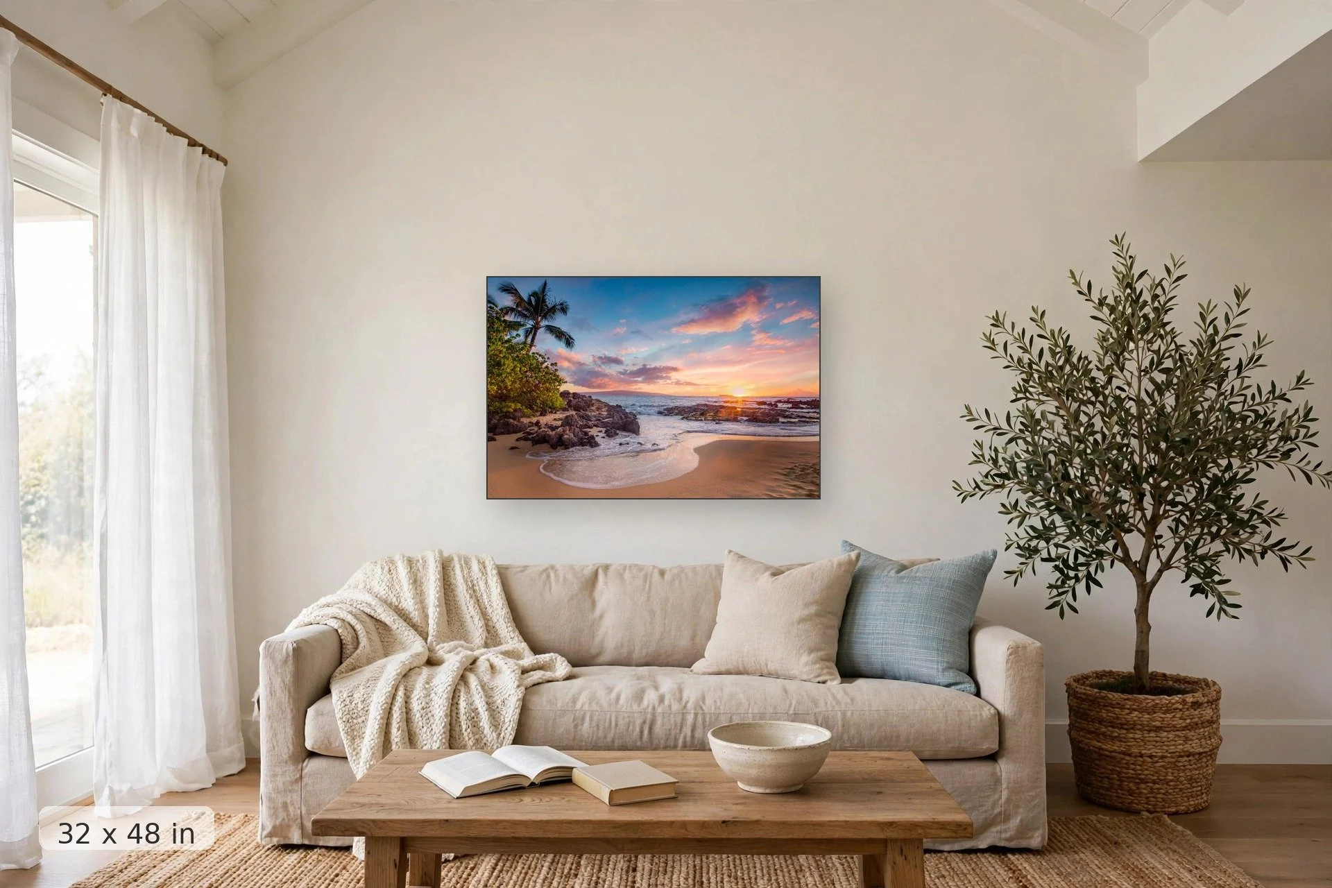 makena cove beach with pink sunset in background — Makena Cove Sunset print, 32x48 mockup above a living room sofa