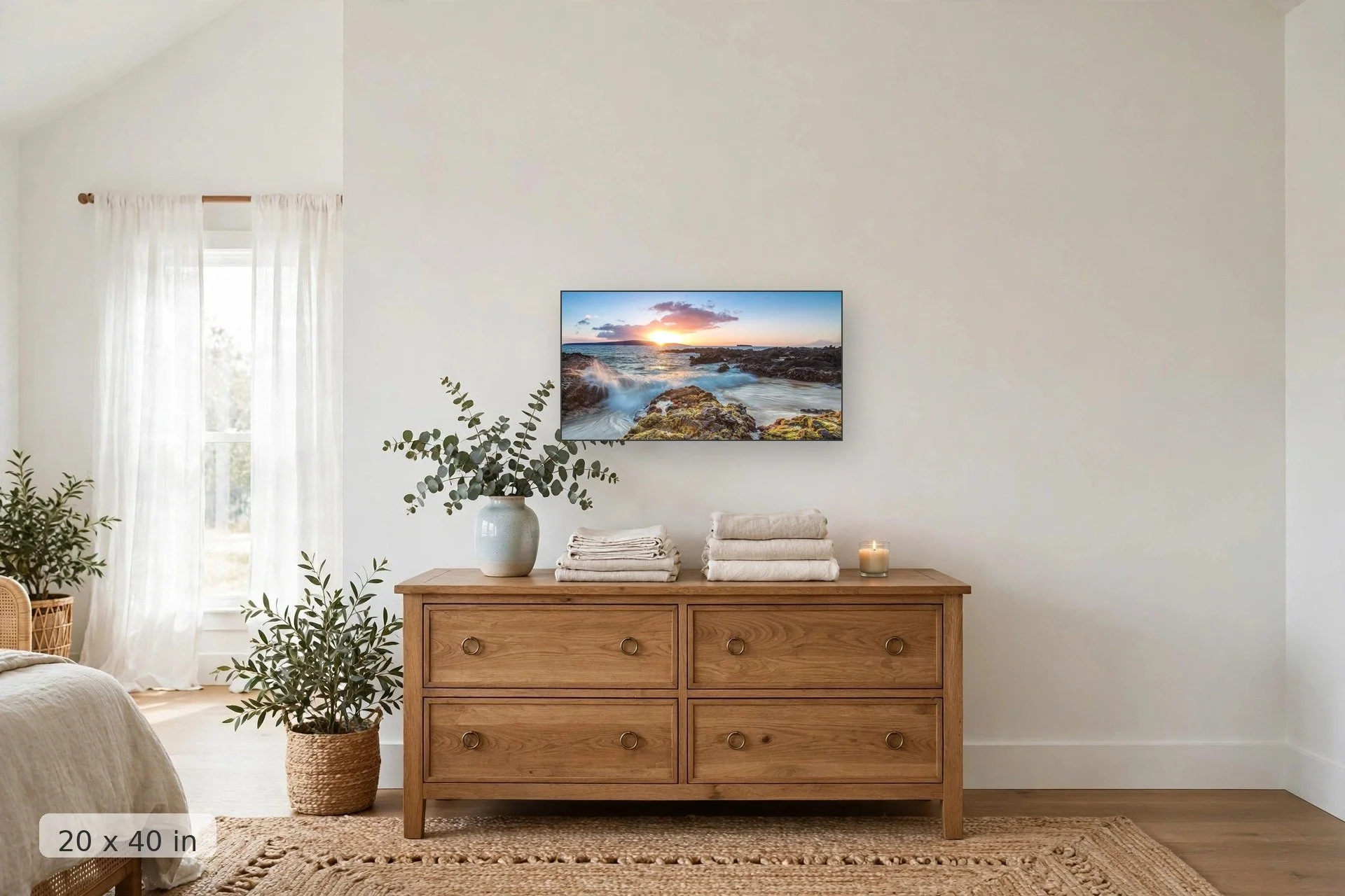 sunset over tidepools — Secrets Sunset print, 24x36 mockup above a dresser
