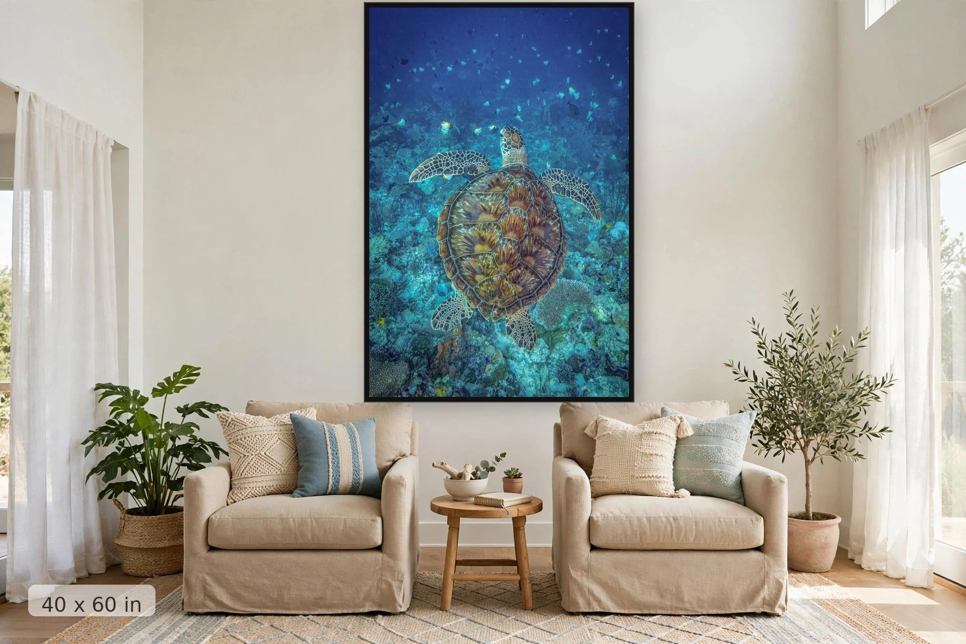 Green sea turtle portrait — Shelly print, 40x60 large mockup in a living room