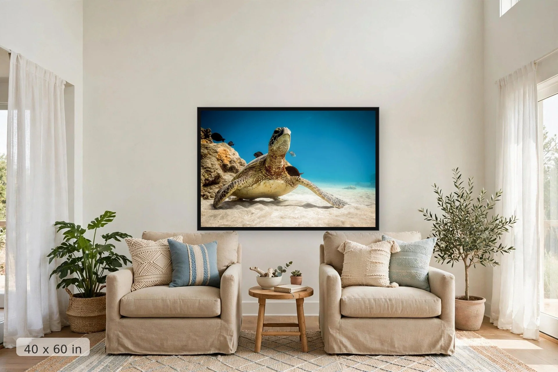 surgeon fish clean a sea turtle in an underwater cleaning station — Honu Cleanse print, 40x60 large mockup in a living room