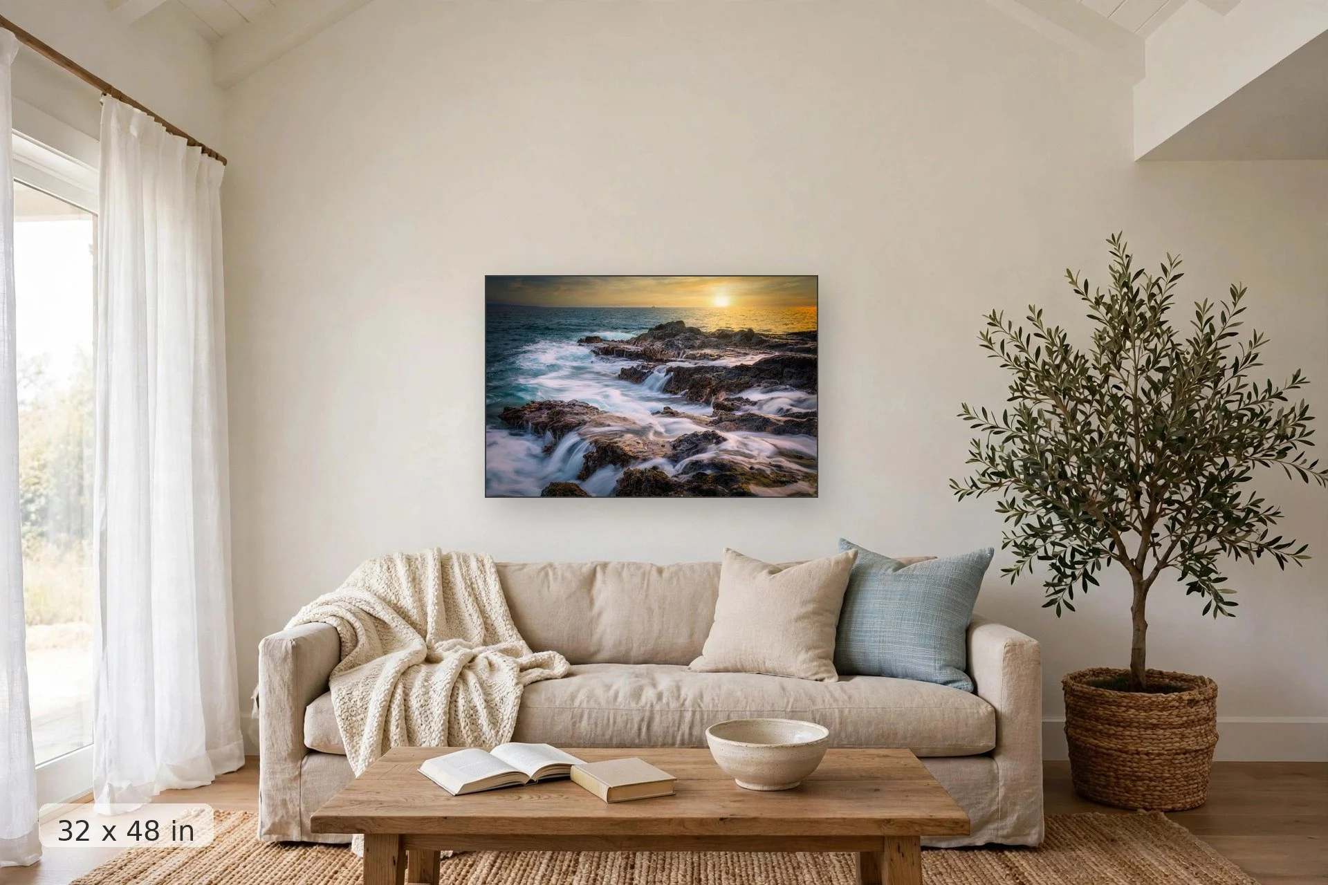 sunset along the west coast of maui with active tide pools in foreground — Tidal Twin Falls print, 32x48 mockup above a living room sofa